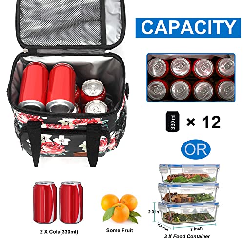 Femuar Lunch Bags for Women/Men, Insulated Lunch Bag for Work Office Picnic - Lunch Cooler Bag Leakproof Lunch Box with Adjustable Shoulder Strap - Black Floral - color: Black Foral, size: Medium Size
