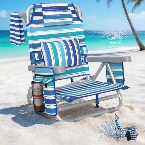 5-Position Backpack Beach Chair for Adults with Lumbar, Foldable Tall Heavy-Duty Beach Chairs with Cooler Bag,Cup Holder,Towel Rack for Beach, Camping, Outdoor (1, Blue&White) - color: Blue&white, size: 1 pack