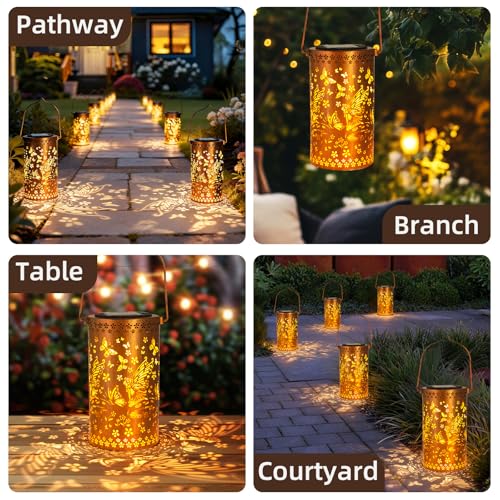 DIBIEECN Mothers Day Gifts for Mom, Birthday Gifts Grandma Ladies Solar Lanterns Outdoor Hanging Hollowed-Out Metal Waterproof LED Garden Decor Outside for Patio Yard Porch, Fairy, 1 Pack - style: Fairy