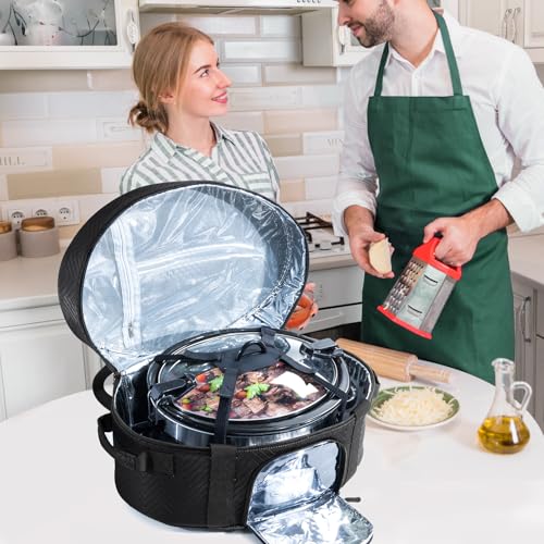 Insulated Slow Cooker Carrying Bag for 6-8 Quart CrockPot and Hamilton Beach Slow Cooker with See-thought Window, Portable Carrier Case with Adjustable Band and Accessory Pocket - color: Black