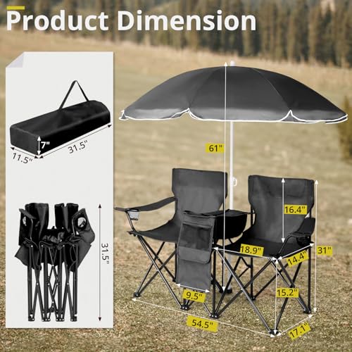 Outvita Folding Double Camping Chair w/Umbrella Beverage Holder Carrying Bag Cooler Fold Up Table, Large Bearing Capacity for Beach Patio Pool Park Outdoor Black - color: Black