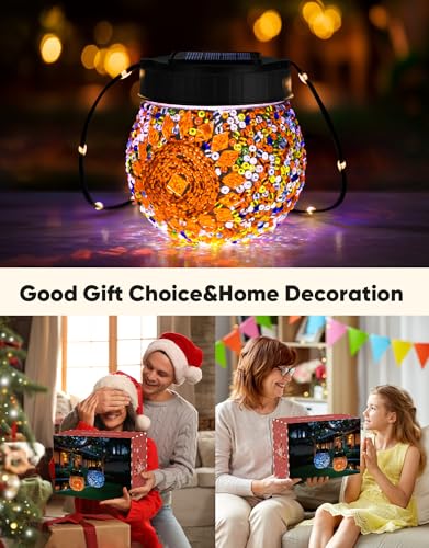 Mosaic Solar Lights Outdoor 2 Pack, Solar Hanging Lanterns Christmas Halloween Gifts for Women Mom Grandma, Waterproof Glass Globe Lights, Garden Patio Decor for Yard, Tree, Balcony, Warm - color: Orange, size: 2