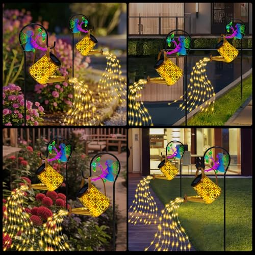 Solar Lights Garden Decorative, Solar Watering Can with Cascading Lights, Waterproof Metal Lantern with Fairy Shepherd Hook, Outdoor Decor for Yard, Patio, Lawn, and Pathway, Gardening Gifts for Mom - color: Flower Fairy, size: 1 Pack