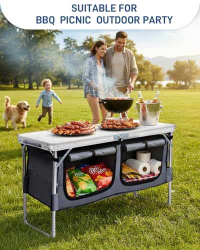 Outvita Folding Table, 4FT Aluminum Camping Table with Large Storage Space and Adjustable Height Picnic Table Lightweight for Carring Outdoor Party Events Beach - color: White, style: With gray storage bag