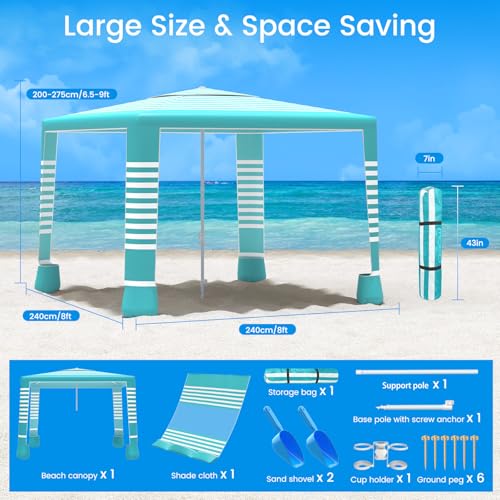 MoKo Beach Cabana, 8'×8' Large Beach Canopy with Side Wall, UPF 50+ Protection Easy Setup Beach Tent Sun Shelter, Adjustable Height Wind Resistant Cabana Beach Tent for Whole Family, Green Stripe - color: Green Stripe