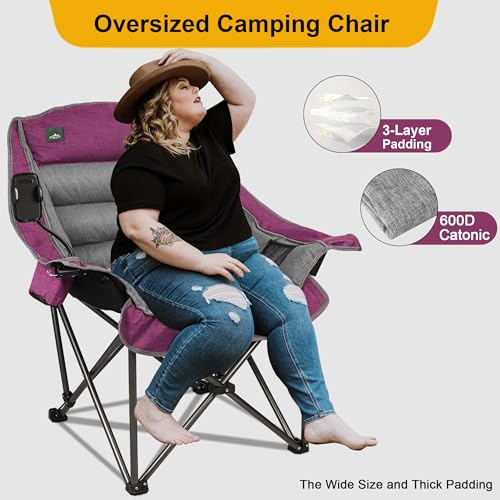 Northroad Oversized XL Padded Camping Chair w/Cell Phone Holder, Large Camp Lounge Chair, Foldable Lawn Chair w/Cup Holder,Carry Bag for Outdoor Hiking, Beach, Picnics, Heavy-Duty 400-lbs Capacity - color: Ph-purple