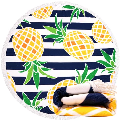 Benefeet Sox Beach Towel Large Round Mandala Pool Towels Tassels Microfiber Quick Dry Beach Blanket Throw Bohemian Roundie Swim Pool Circle Towel, 59 Inches - color: White Navy Striped Yellow Pineapple