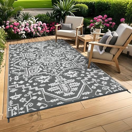 GarveeHome Outdoor Rug 8x10 Vintage Reversible Plastic Straw Rugs Vintage Medal Patio Rug Waterproof Camping Outdoor Rug UV-Resistant Outside Mat for Porch Deck Backyard Balcony Garden, Gray White - color: Vintage | Grey White, size: 8' x 10' (Rectangular