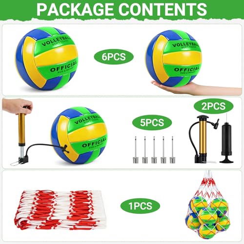 6 Pack Volleyballs Official Size 5, Waterproof Soft Volleyball With Pump and Net Bag for Indoor Outdoor Beach Pool Water Gym Training - Competition Volley Ball for Training Match for Beginner - color: Green-Yellow-Blue