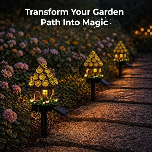 Solar Yellow Daisy Cottage Lights Outdoor, 2 Pack Waterproof Fairy Garden Pathway Lights, Hand-Painted Resin Flower House Decor for Yard Lawn Patio, Gift for Garden Lovers - style: Yellow Floral Fairy Cottage