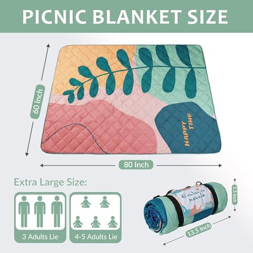 Exclusivo Mezcla Extra Large Waterproof Picnic Blankets 3 Layer, Sandproof and Foldable Outdoor Blanket for Beach Camping, Park and Travel - color: Green Leaf