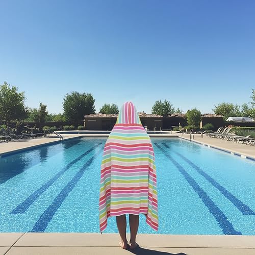 COTTON CRAFT Hooded Beach Towel - Oversized XXL 35x84 Towel with Hood for Adults - The Big Kahuna 7 Foot Beach Blanket Towel - Big & Tall Soft 100% Cotton Velour - Pool Bath Wrap - Pink Multi - color: Cabana Stripe - Pink Multi, size: 1 Pack - 35x84 Hoode