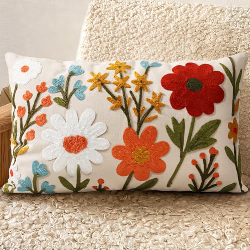 Embroidered Lumbar Pillow Cover 20x12 Inch - Spring Summer Boho Decorative Pillow Cover with Zipper for Living Room Couch Sofa Bed Aesthetic Design Flower Cluster Cushion Pillowcase - color: Flower Cluster, size: 20" x 12" (Pack of 1)