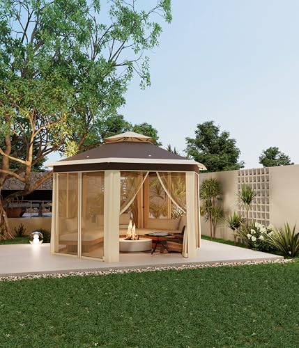 13X13 Pop Up Gazebos,Outdoor Canopy Tent with Mosquito Netting, Double Vented Roof Sun Shelter with Adjustable Heights,Outdoor Gazebo for Backyard & Patio Furniture.（Khaki-Six Sides Gazebos） - color: Khaki Beige