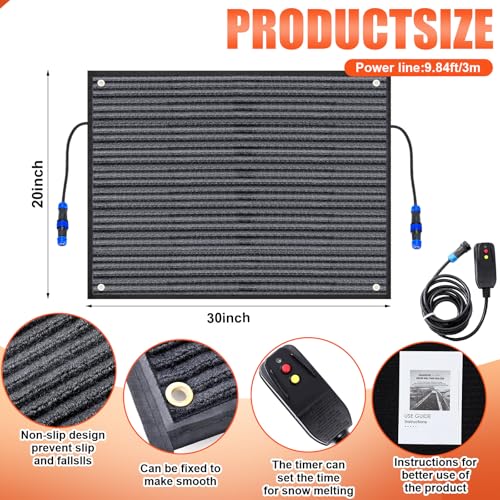 Baquler Heated Snow Melting Mats Winter Heated Outdoor Mats No Slip Melts up to 3 Inch/h Connection with 9.84 ft Power Cord for Snow Removal Stair Step Driveway Walkway(Classic,20 x 30 Inch,Grey)