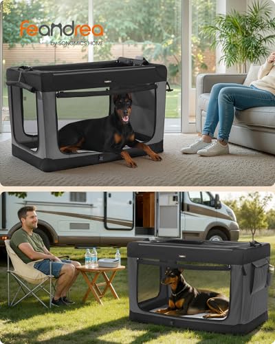 Feandrea Collapsible Dog Crate, 48-Inch Portable Dog Travel Crate for Extra Large Dogs, Oxford Fabric Pet Carrier with 4 Mesh Doors, Handles, Storage Pocket, Water Bottle Holder, Ink Black UPDC022BH01 - size: XXXL (48"L x 29"W x 31"H)