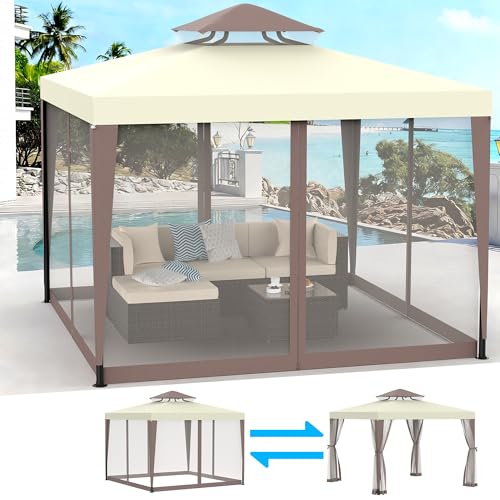 Gazebo, 10'x10' Patio Gazebo Outdoor Waterproof Canopy Tent UV-Resistant 2-Tier Top Sturdy Canopy Shelter Tent for Camping with Removable Netting for Garden Patio Backyard (Beige & White, 10' x 10') - color: Beige & White