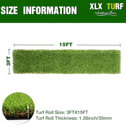 XLX TURF Artificial Grass Runner Rug - 3FT X 15FT Thick & Realistic Outdoor Fake Grass Carpet for Balcony Patio - Pets Friendly Turf Grass for Dogs Potty with Drainage, 1.38" Pile Height - size: 3' x 15' (Rectangular)