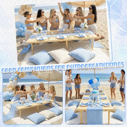 Beeveer 91 x 71 Extra Large Outdoor Boho Picnic Blanket with Table Runner Light Blue, 6 Throw Pillow Covers 6 Napkins Woven Cotton Yarn Oversize Beach Blanket Washable Picnic Camp Wedding - color: Light Blue