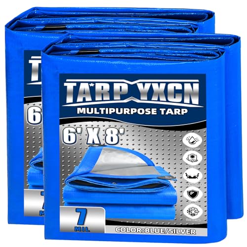 Tarp 6x8 Feet 2Pack, 7 Mil Thick Waterproof Poly Tarps Cover UV Resistant, Rip & Tear Proof with Metal Grommets Every 20 Inche (Blue/Silver) - color: Blue/Silver, size: 6x8 Ft-2pack