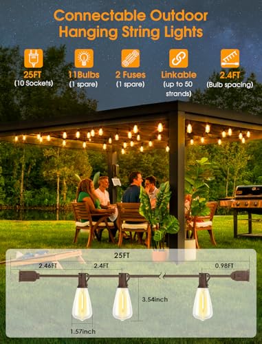 Larkvue 25FT Outdoor String Lights, Patio Lights with 10+1 LED Dimmable Waterproof Shatterproof Linkable ST38 Bulbs for Fence Porch Gazebo, Brown - color: Brown, size: 25FT