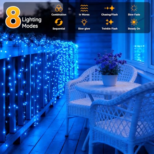 Solar String Lights Outdoor Waterproof 2 Pack Total 66ft 200LED 8 Modes Twinkle Lights Solar Fairy Lights for Patio, Garden Yard Party Wedding Tree Christmas Halloween Decoration, Blue - color: Blue