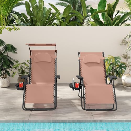 Goplus Zero Gravity Chairs, X-Large Folding Lounge Lawn Chair w/Canopy Shade & Cup Holder, Adjustable Folding Patio Recliner for Pool Porch Deck Oversize (Coffee) - color: Coffee Zero Gravity Chair