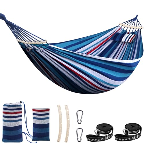 Chihee Cotton Hammock Holds Up to 660lbs Fabric Hammock 8.9x4.9ft Soft Portable Tree Hammocks Camping with Detachable Spreader Bar Pillow 2 Strong Webbings 2 Carabiners Indoor Outdoor Backyard Garden - color: Blue/Red/White Stripes, size: 270x150cm