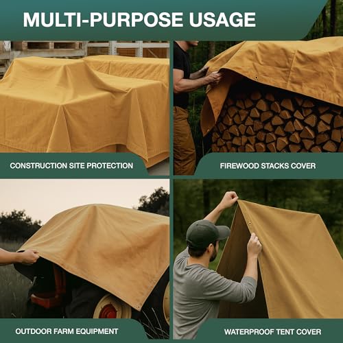 CCS Waterproof Canvas Tarp Cover – Heavy Duty Duck Cloth, Waxed Canvas Tarpaulin with Rustproof Brass Grommets for Camping, Construction, Equipment & Outdoor Use (Gold, 6x8 Ft) - color: Gold, size: 6 by 8 Feet