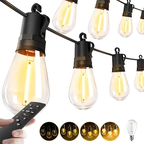 Outdoor String Lights Patio LED - Light Outside 50Ft 15M Waterproof Remote Dimmable S14 Porch Lighting Edison Plastic Bulb Pergola Hanging Balcony Connectable Backyard Yard Gazebo Party Garden Bistro - size: 50ft-remote