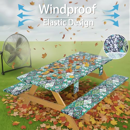 Fitted Waterproof Picnic Table Cover with Bench Covers Elastic 72×30In 3 Piece Camping Table Cloth for 6Ft Rectangle Tables Outdoor Camper Gifts Supplies Patio Rv Traveling Hiking Must Haves - color: Green Bohemian, size: 72" x 30" (Rectangular)