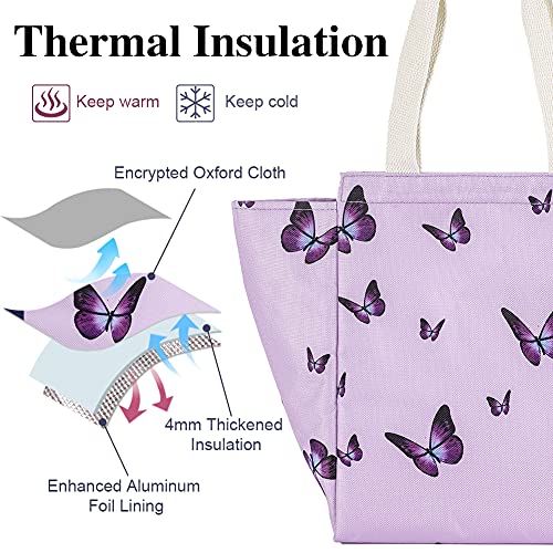 iknoe Insulated Lunch Bag for Women, 9L Durable Wide-Open Foldable & Portable Lunch Tote with Interior Pockets, Water-resistant Thermal Lunch Cooler for Adults Picnic Beach (Purple Butterfly) - color: purple butterflies, size: Velcro Closure