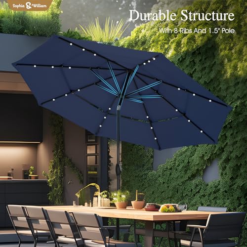 Sophia & William 10ft Patio Umbrellas 3-Tier Umbrella Outdoor Patio Umbrellas with Lights Vented Top 24 LED lights Adjustable Tilt for Pool Garden Backyard, Navy - color: Navy