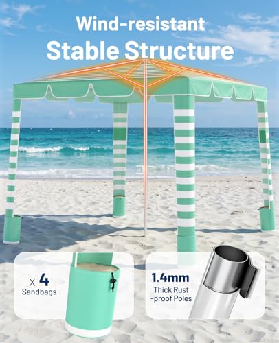 Rhino Valley Beach Cabana, 120 Sq. Ft Beach Canopy UPF50+ Protection, Easy Setup & Adjustable Height Beach Tent Sun Shelter with Cup Holder, Portable for 4-8 People, Light Green & White Stripes - color: Light Green & White Stripes