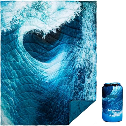KingCamp Ultralight Camping Blanket, Packable Down Alternative Puffy Printed Wearable Blanket with Snap Buttons & Corner Loops Weatherproof Quilt for Outdoor Travel Stadium (78.7"L x 57.1"W SEAWAVE) - color: Scenictrail-seawave, size: 79" x 57"
