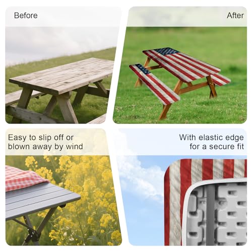 ANNA QUEEN Patriotic American Flag 6FT Picnic Table Cover with Bench Covers Set of 3 with Drawstring Bag, USA Flag 72"x30" Waterproof Picnic Tablecloth & Bench Covers for Outdoor BBQ - color: #57