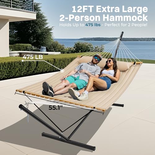 SUPERJARE Hammock with Stand, 2 Person Quilted Outdoor Hammock, Detachable Pillow & Bamboo Spreaders, Portable Hammock with Carrying Bag, Heavy Duty Stand, Perfect for Outside, Patio, Beige - color: Beige, size: 55.1"W × 74.8''D × 43.3''H