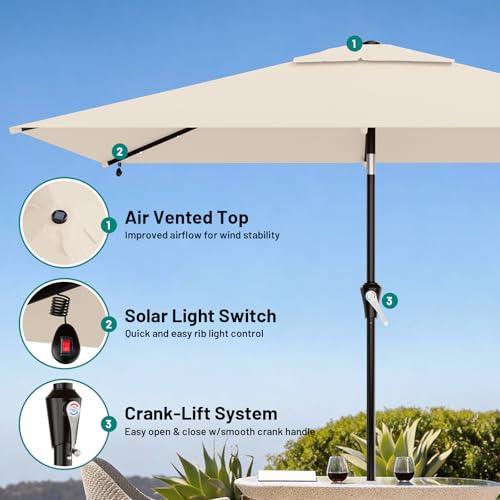 AreShark 6.5' x 10' Rectangular Patio Umbrella with Solar Lights, Solar Powered Lighted Market Umbrella w/Tilt and Crank, Outdoor Table Umbrella for Garden, Deck, Backyard, Pool, Cream-White - color: Cream-White, size: 6.5 X 10 Ft