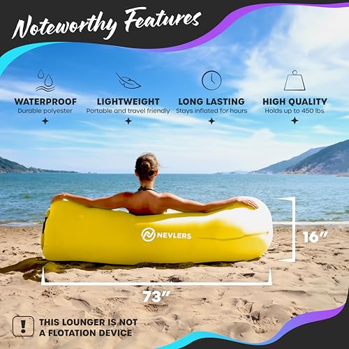 Nevlers Yellow Inflatable Lounger | 210T Polyester Air Couch | No-Pump Blow Up Chair | Inflatable Chair w/ 450lbs. Cap., Pockets & Matching Bag | for Use as Outdoor Inflatable Couch for Adults & Kids - color: Yellow, size: 1 Pack