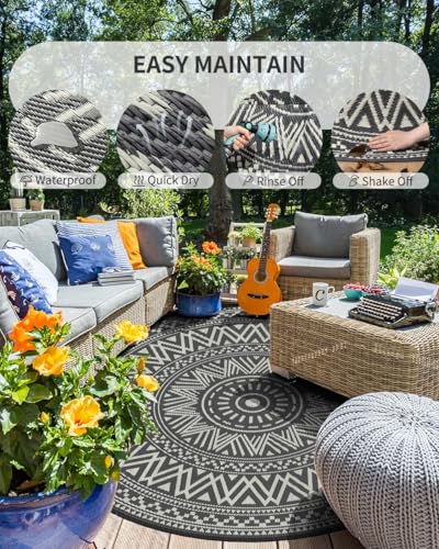 MontVoo Outdoor Rug Carpet Waterproof Round 10ft Outdoor Patio Rug Mat Reverisble Plastic Straw Outdoor Rug for RV Camping Picnic Beach Balcony Boho Grey - color: Grey, size: 10' (Round)
