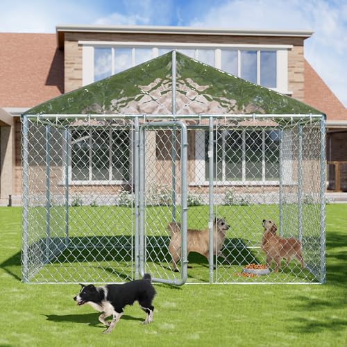 10 FT Large Outdoor Dog Kennel with Roof Heavy Duty Dog Kennel House, Galvanized Chain Link Dog Runs Pet Playpen with Waterproof UV-Resistant Cover and Secure Lock - size: 118.0"L x 118.0"W x 183.0"H