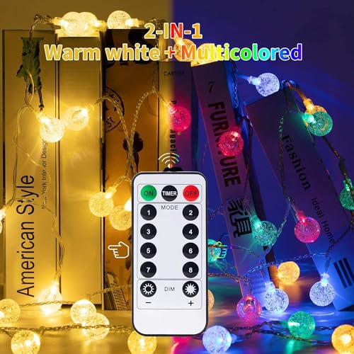 Minetom Globe String Lights Plug in - 33 ft 100 LED USB Crystal Globe Fairy Lights with Remote and Timer, Waterproof for Bedroom Tent Porch Patio Party Garden Indoor, Warm White and Multicolor - color: 33 FT - Warm White + Multicolor