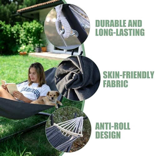 Free Standing Hammock with Stand, 550lbs Capacity - Anti-Flip Curved Spreader Bars - Premium Cotton Portable Hammock for Deck, Porch, Garden - Easy Assembly with Carrying Bag, Heather Gray - color: Heather Gray