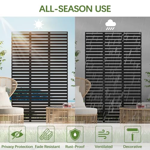 Cofar Metal Privacy Screen Outdoor 72" H×44" W -Black Freestanding Outdoor Privacy Panels with Stand, Decorative Fence for Patio, Deck, Balcony（Slatted） - style: 5-Panels Slatted_Black