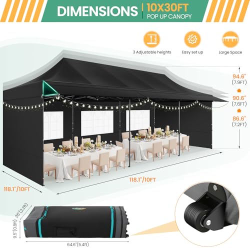 COBIZI 10x30 Pop Up Canopy Tent with Awning & Sidewalls, Heavy Duty Commercial 10X30 Canopy Tents Instant Waterproof, UPF 50+ Sun Shade for Outdoor, Parties, Markets (Black) - color: Black, size: 10x30FT with 5 Sidewalls & 3 Awning Cloth