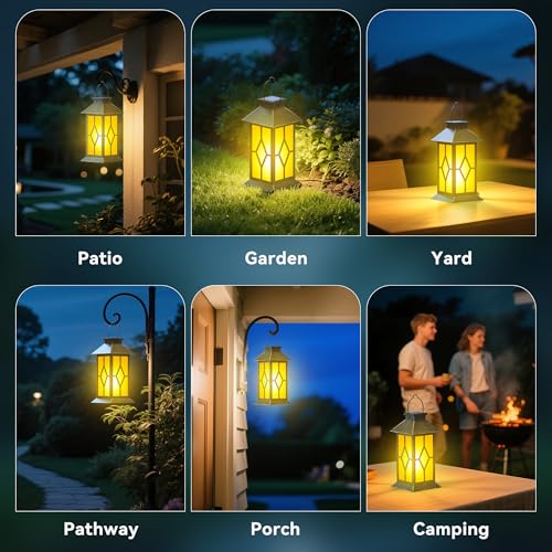 2Pack Patina 13" Metal & Glass Solar Lantern with Flickering Flame, Outdoor Waterproof Hanging Lantern for Garden Patio Yard Pathway Porch Decorative, Vintage Gifts for Mom - style: Bronze-Rhombus