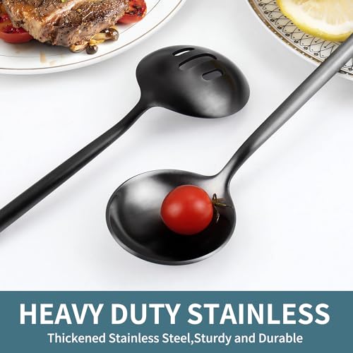 5-Piece Matte Black Stainless Steel Serving Utensils Set - Large and Slotted Spoons, Fork, Sugar Spoon, Butter Knife - Dishwasher Safe - color: Black