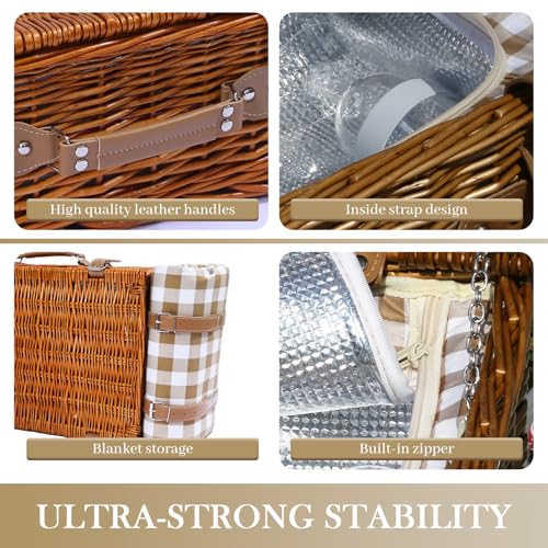 Neti Neti Wicker Picnic Basket for 4 with Insulated Cooler & Waterproof Blanket – Large Willow Picnic Hamper for Outdoor, Camping, Beach, Romantic Dates, Valentine’s Day - color: Khaki Plaid