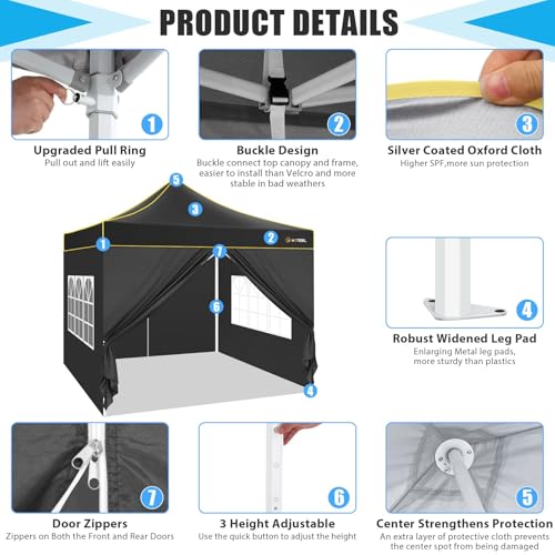 HOTEEL Canopy Tent 10x10 Heavy Duty Pop Up Canopy with Sidewalls, Commercial Instant Waterproof Tent for Vender Patio, UV 50+ with Silver Coated, Upgraded Thickened Hexagonal Legs, Black - color: Black, size: 10x10FT (+4 Walls)