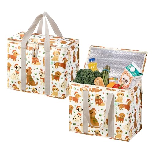 VENO 2 Pack Cooler Bag, Insulated Grocery Bags for Food Delivery, Collapsible Cooler, Reusable Shopping Bags for Groceries, Hard Bottom, Water Resistant, Zippered, Foldable (Holiday Pups, 2 Pack) - color: Holiday Pups, size: 15.7"W x 12.6"H x 8.7"D - 2 Pa